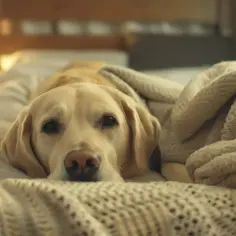 Labrador odpoczywa pod kocem, zastanawiając się, ile kosztuje doba w hotelu dla psów.