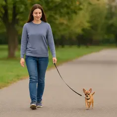 Kobieta spaceruje z psem rasy chihuahua. Idealna waga dla chihuahua to 1-3 kg.