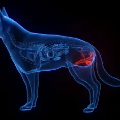 Anatomia psa z podświetlonymi narządami rozrodczymi, sugerującymi problem, jak krople krwi z siusiaka u psa.
