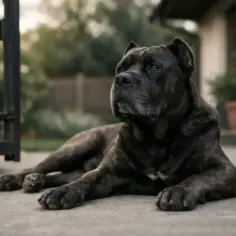 Potężny pies rasy cane corso leży przy otwartej bramie, czujny i gotowy do obrony.