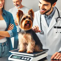 Uśmiechnięty weterynarz mierzy yorkshire terrier waga. Właściciele patrzą z radością.
