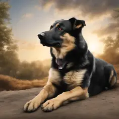 Piękna mieszanka owczarka niemieckiego z labradorem leży na drodze wśród jesiennych drzew i traw.
