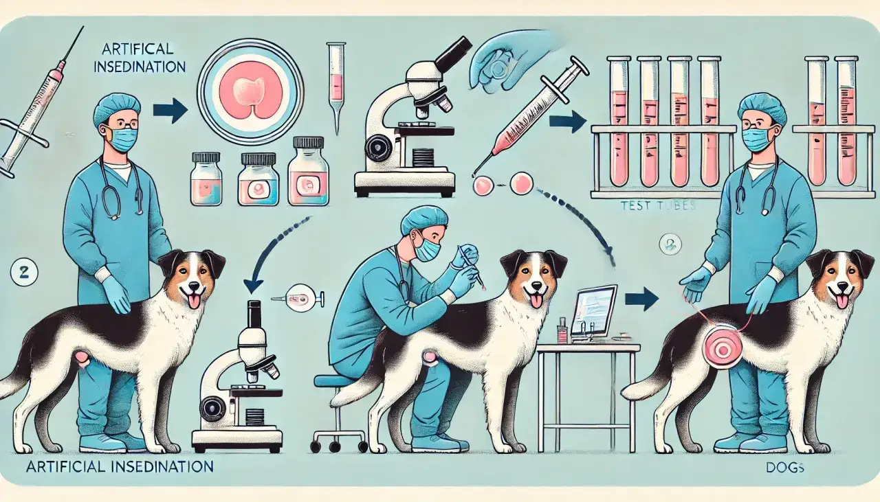 Ilustracja przedstawia proces sztucznej inseminacji suki. Weterynarz pobiera próbkę, analizuje ją pod mikroskopem, a następnie wykonuje zabieg.