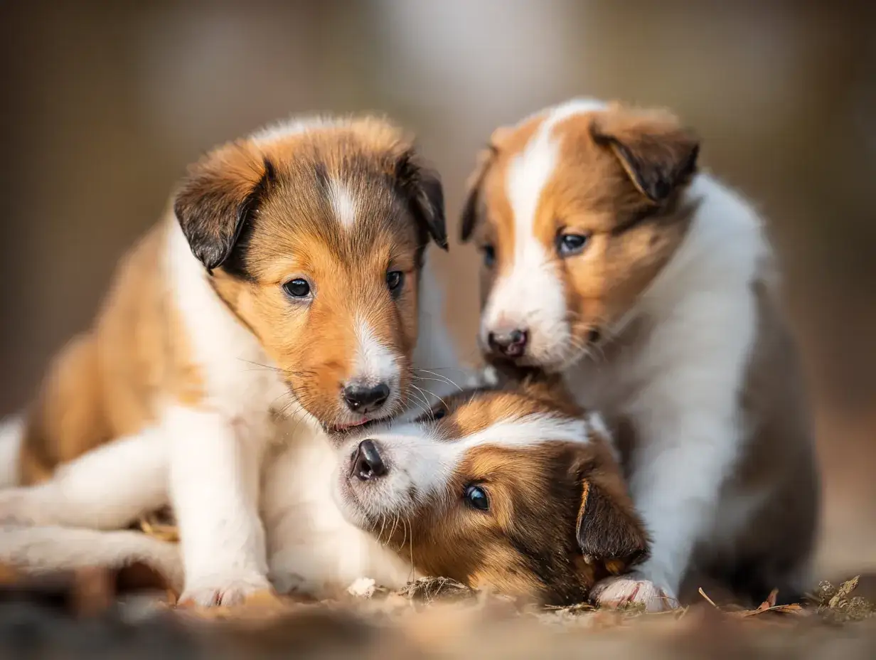 Trzy urocze szczenięta rasy owczarek collie krótkowłosy bawią się ze sobą na zewnątrz.