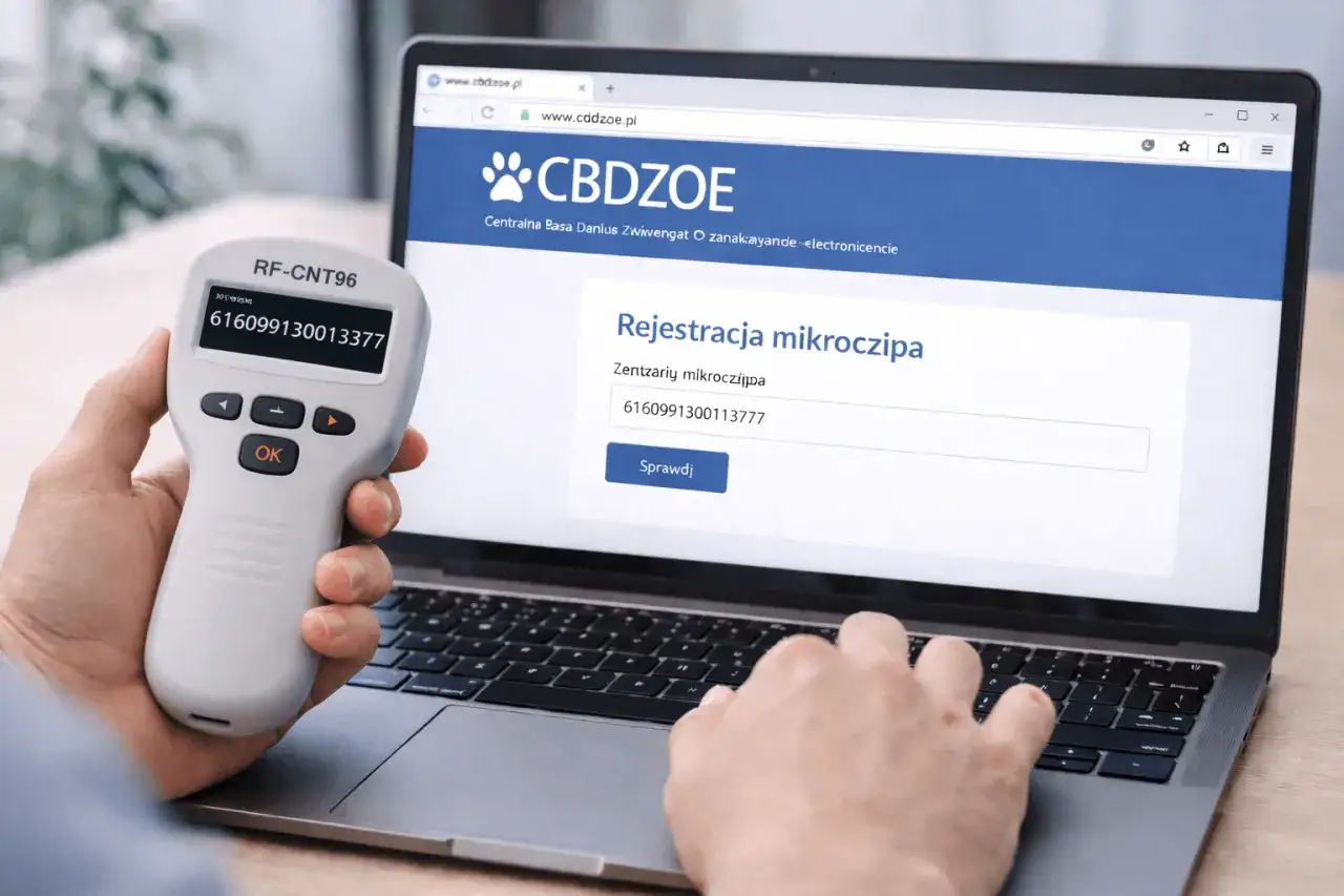 Rejestracja mikroczipa psa w CBDZOE. Czytnik pokazuje numer, który wpisujesz na stronie, by dokonać zmiany właściciela.