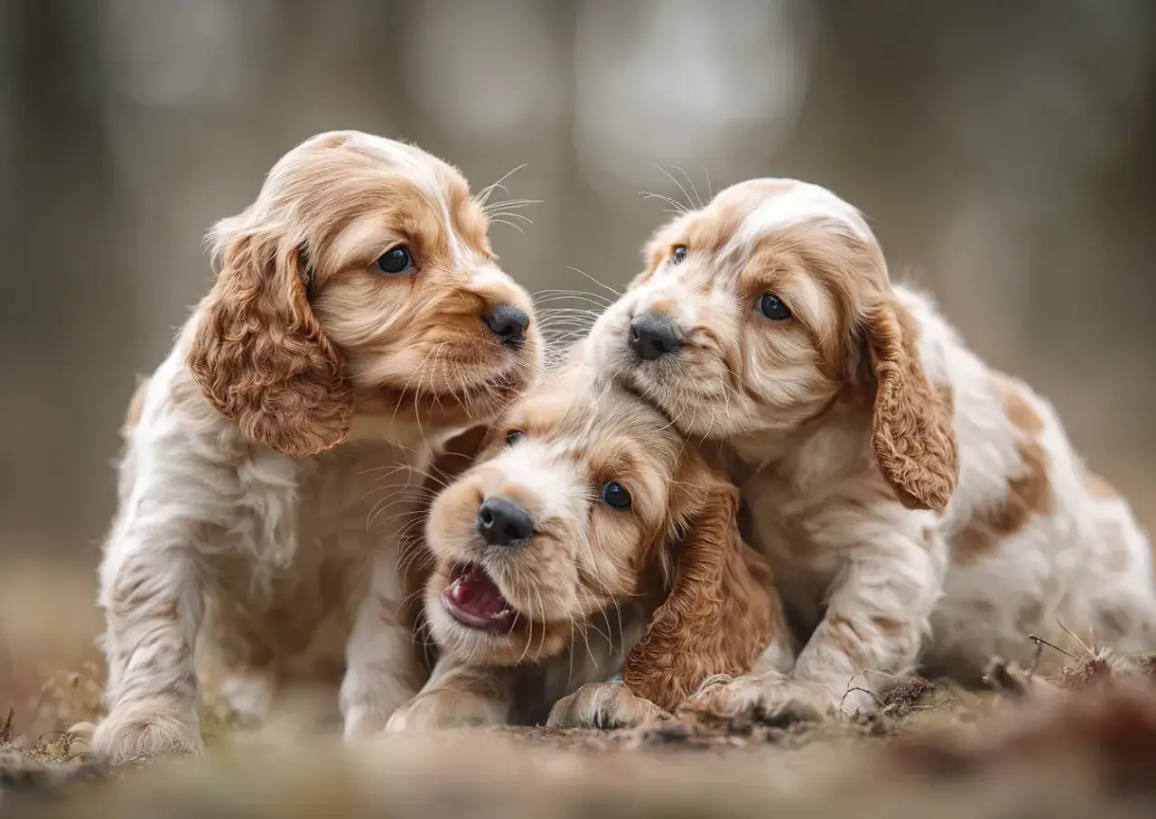 Trzy szczenięta rasy cocker spaniel z ZKwP bawią się na trawie.